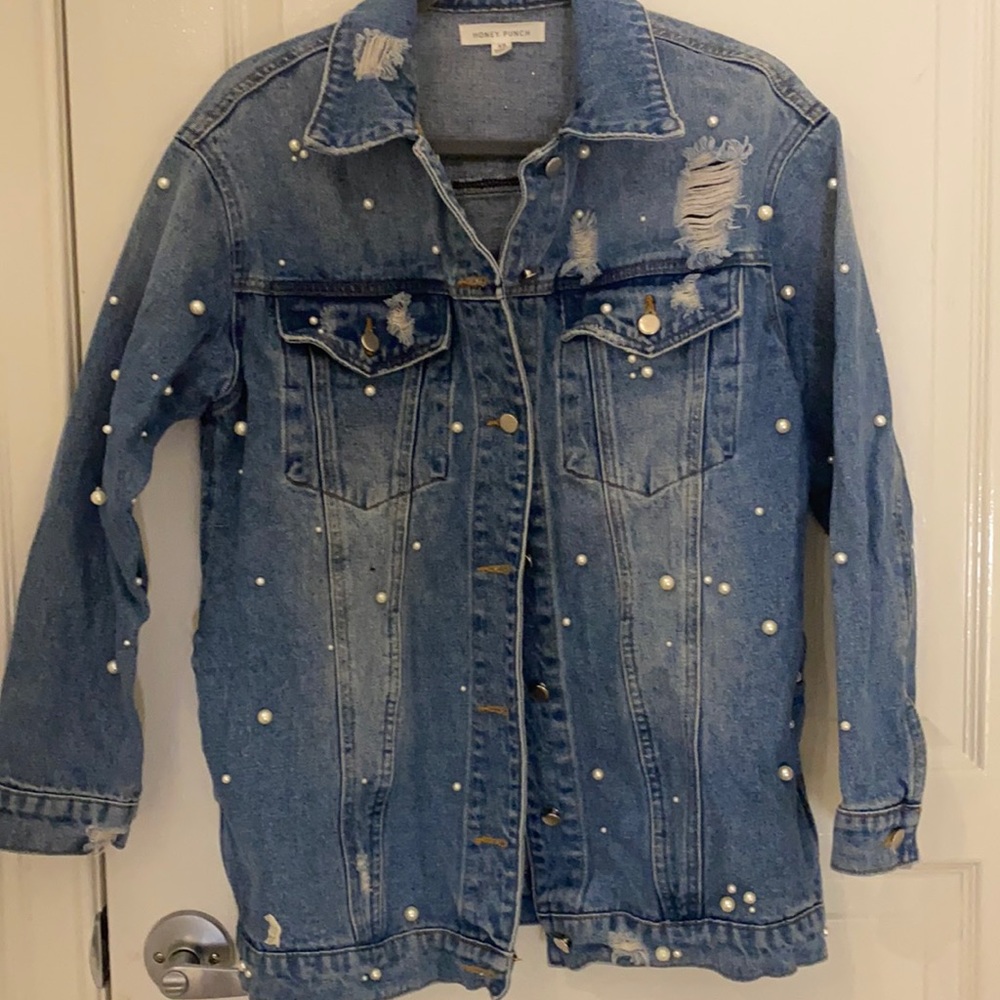 Pearl Adorned Distressed Denim Jean Jacket
